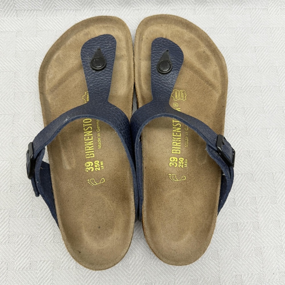Birkenstock Gizeh Sandals Womens Size 8.5 US Blue Leather Thong Wedge Cork - Picture 4 of 10